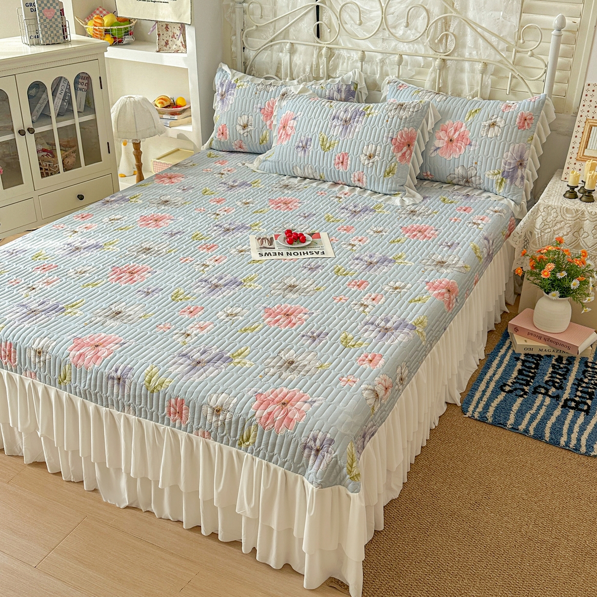 91家纺网 家纺一手货源 找家纺 提花大世界 2026新款冰肤纱法式花边凉感夏被夏凉被空调被被套凉席三件套床盖夹棉四件套 海盐花簇