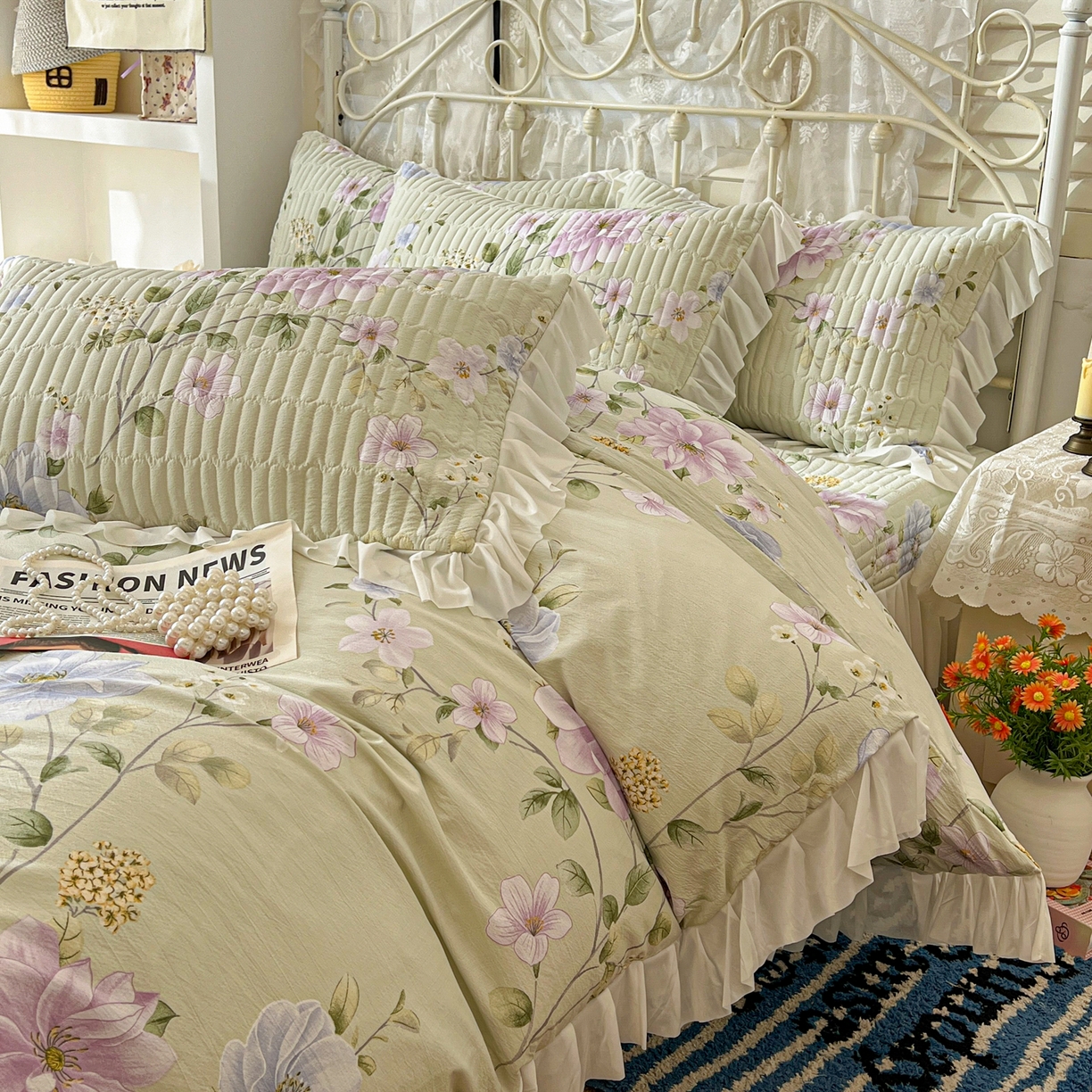 91家纺网 家纺一手货源 找家纺 提花大世界 2026新款冰肤纱法式花边凉感夏被夏凉被空调被被套凉席三件套床盖夹棉四件套 紫雾青藤