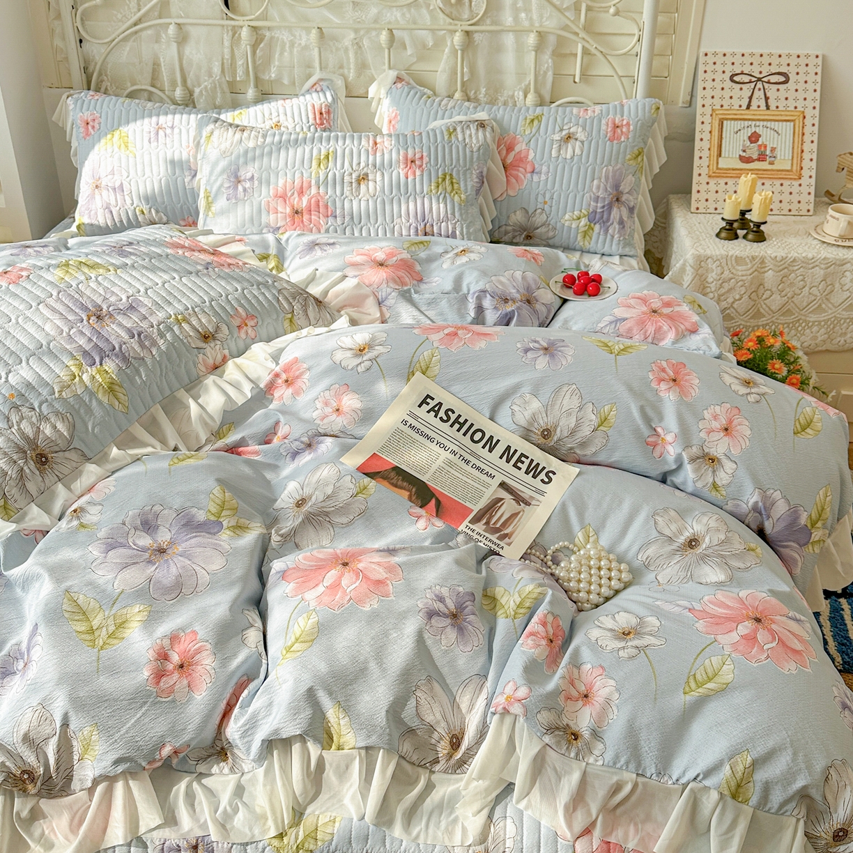 提花大世界 2026新款冰肤纱法式花边凉感夏被夏凉被空调被被套凉席三件套床盖夹棉四件套 海盐花簇