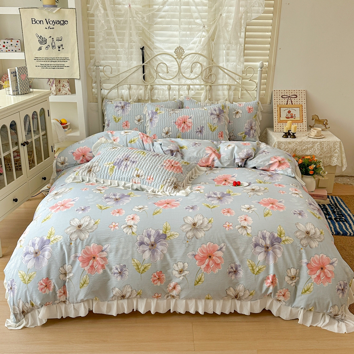 91家纺网 家纺一手货源 找家纺 提花大世界 2026新款冰肤纱法式花边凉感夏被夏凉被空调被被套凉席三件套床盖夹棉四件套 海盐花簇