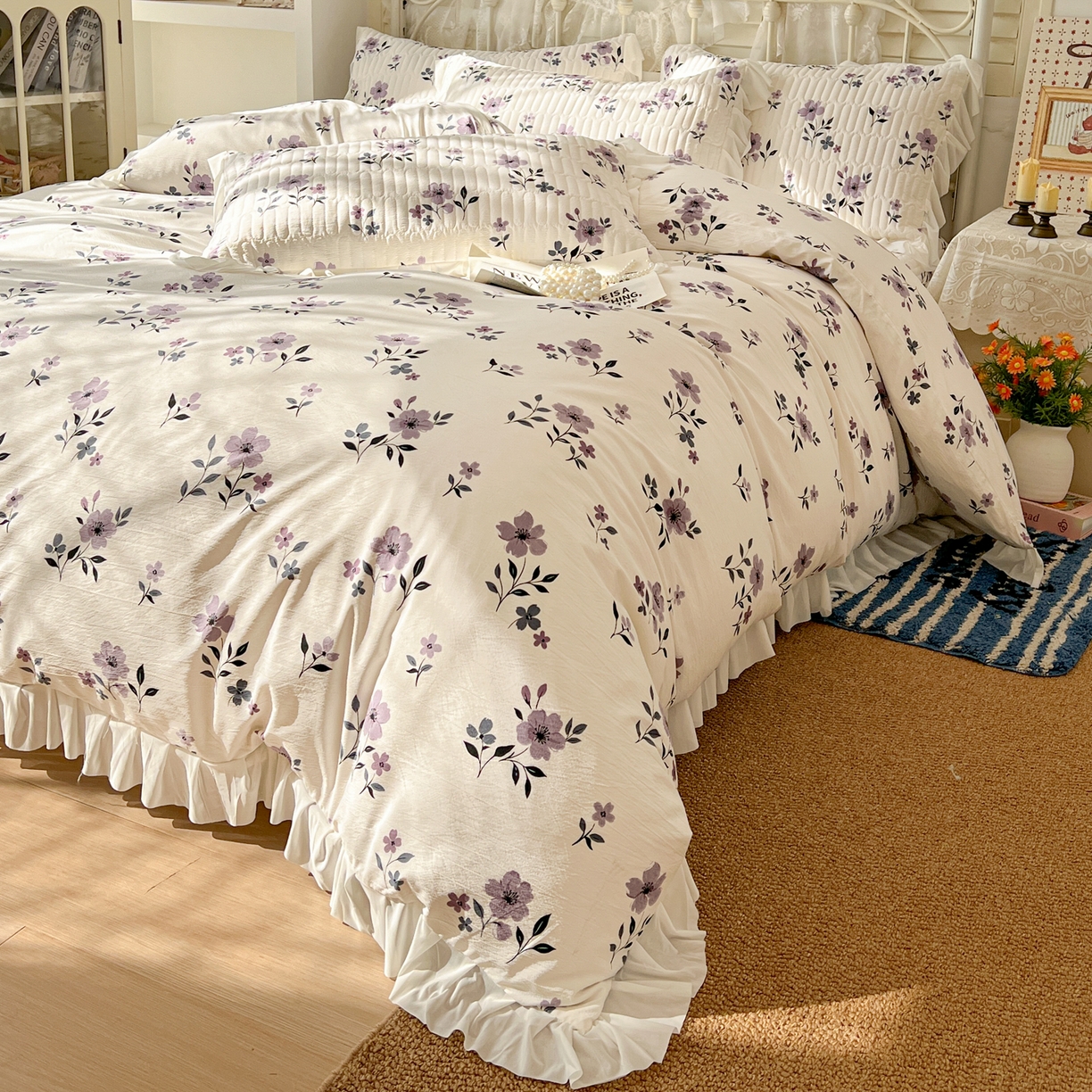 91家纺网 家纺一手货源 找家纺 提花大世界 2026新款冰肤纱法式花边凉感夏被夏凉被空调被被套凉席三件套床盖夹棉四件套 云间紫莓