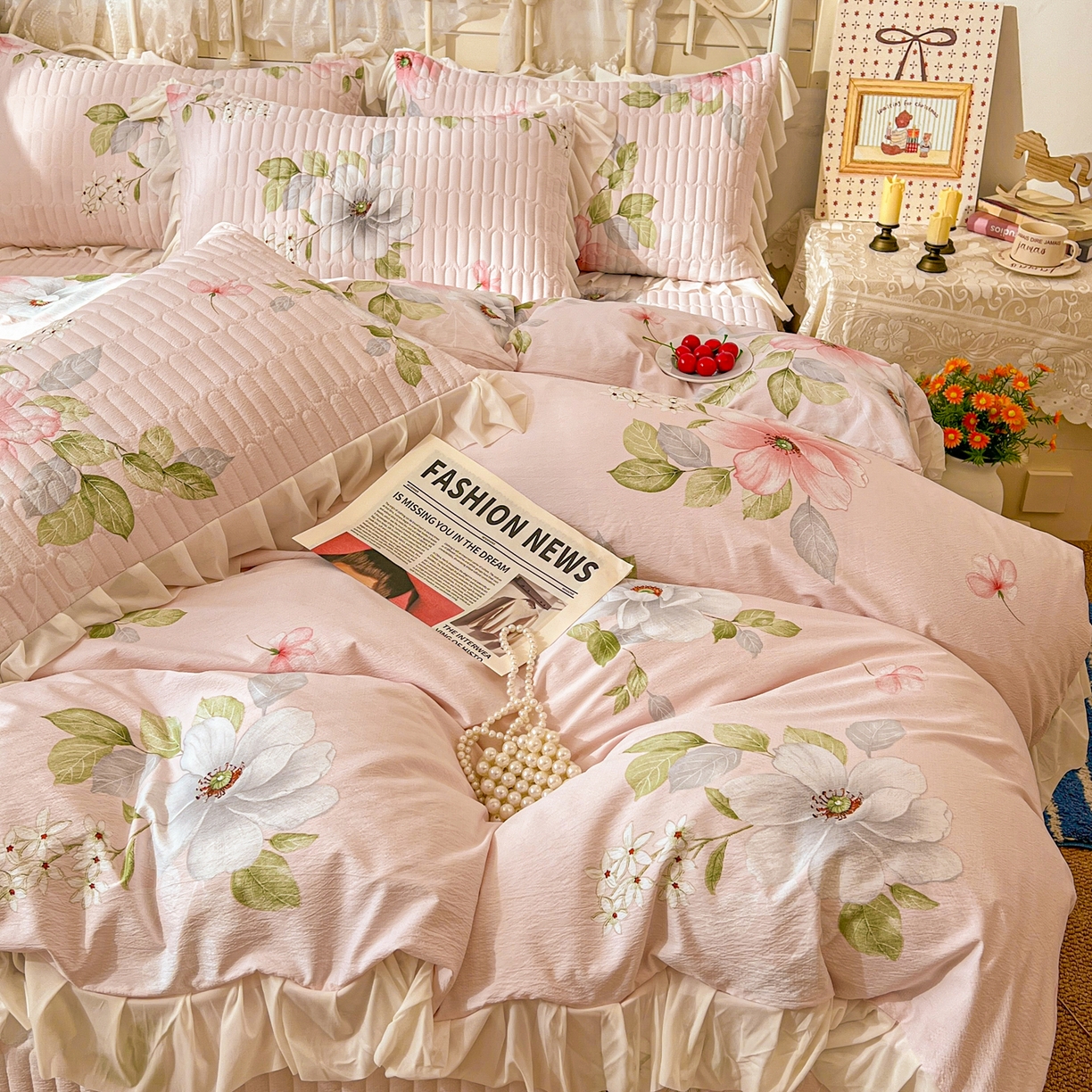 91家纺网 家纺一手货源 找家纺 提花大世界 2026新款冰肤纱法式花边凉感夏被夏凉被空调被被套凉席三件套床盖夹棉四件套 春日桃李