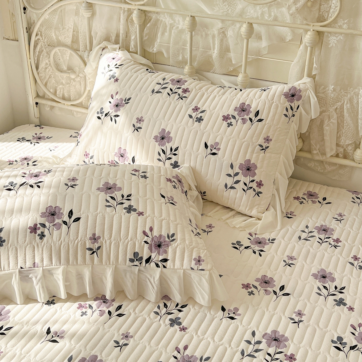 91家纺网 家纺一手货源 找家纺 提花大世界 2026新款冰肤纱法式花边凉感夏被夏凉被空调被被套凉席三件套床盖夹棉四件套 云间紫莓