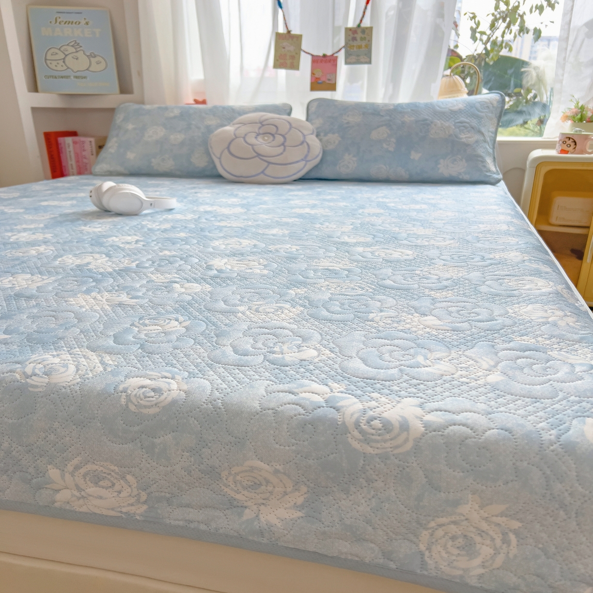 91家纺网 家纺一手货源 找家纺 许林家纺 2026新款花卉凉席床席三件套-花恋 花恋-蓝