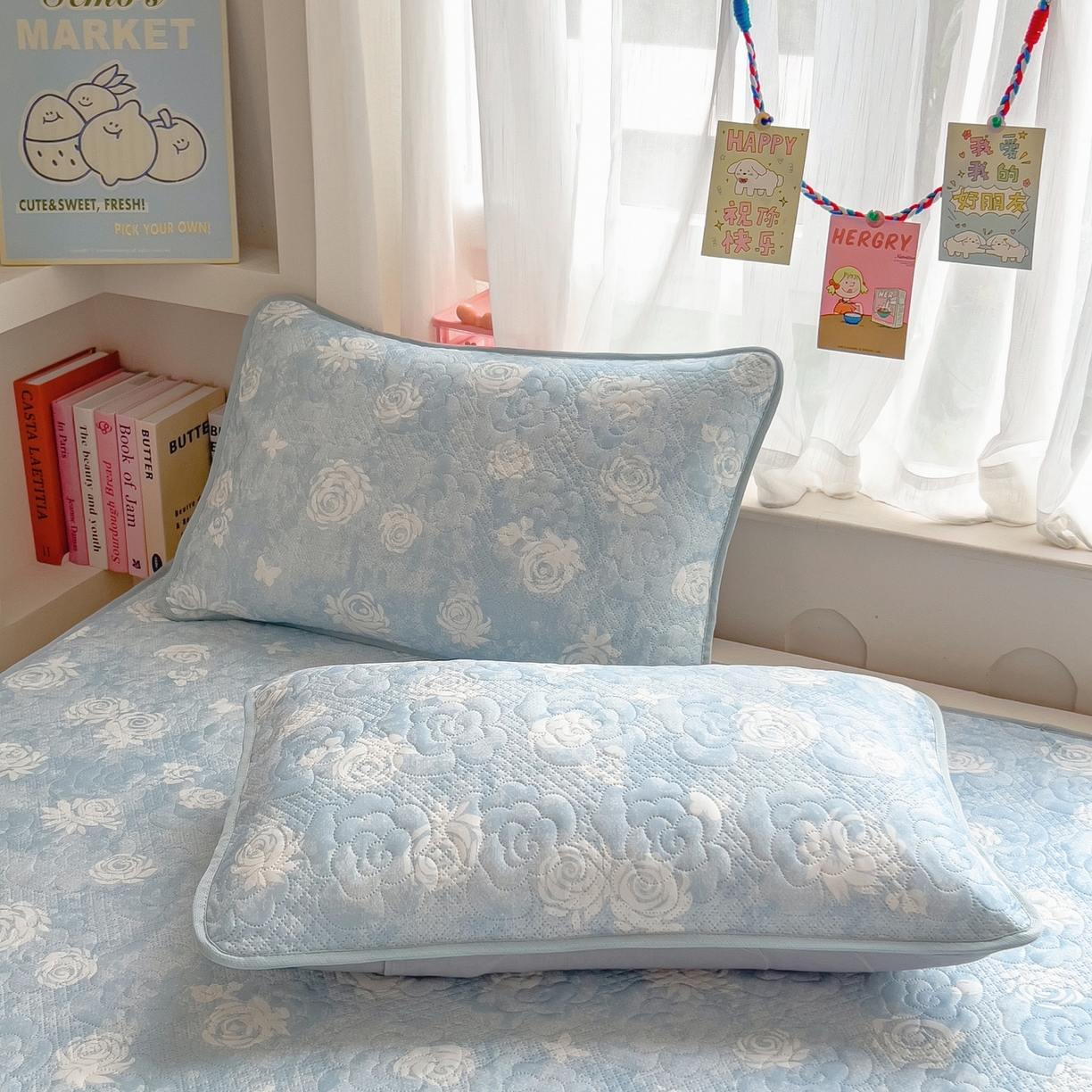 91家纺网 家纺一手货源 找家纺 许林家纺 2026新款花卉凉席床席三件套-花恋 花恋-蓝