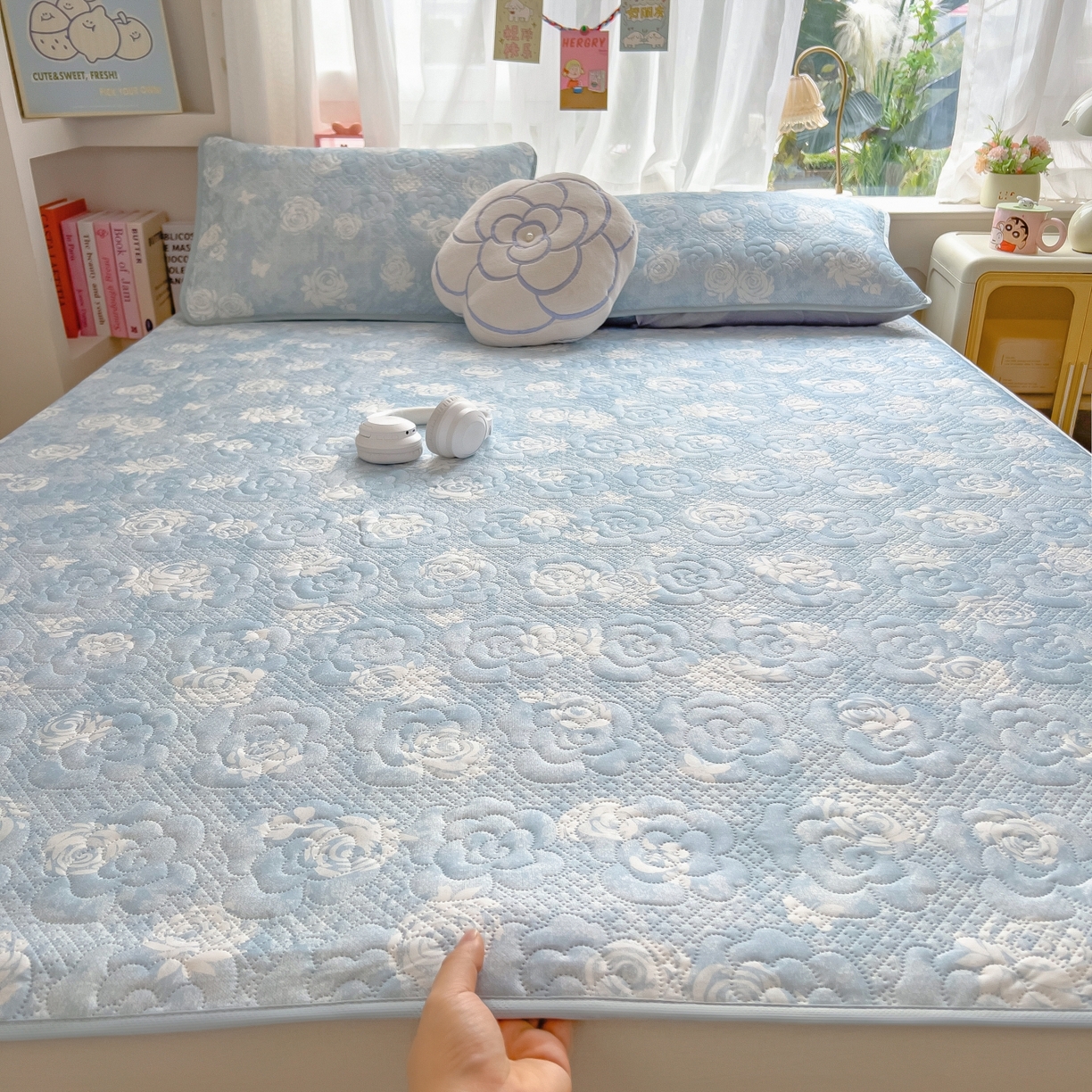 91家纺网 家纺一手货源 找家纺 许林家纺 2026新款花卉凉席床席三件套-花恋 花恋-蓝