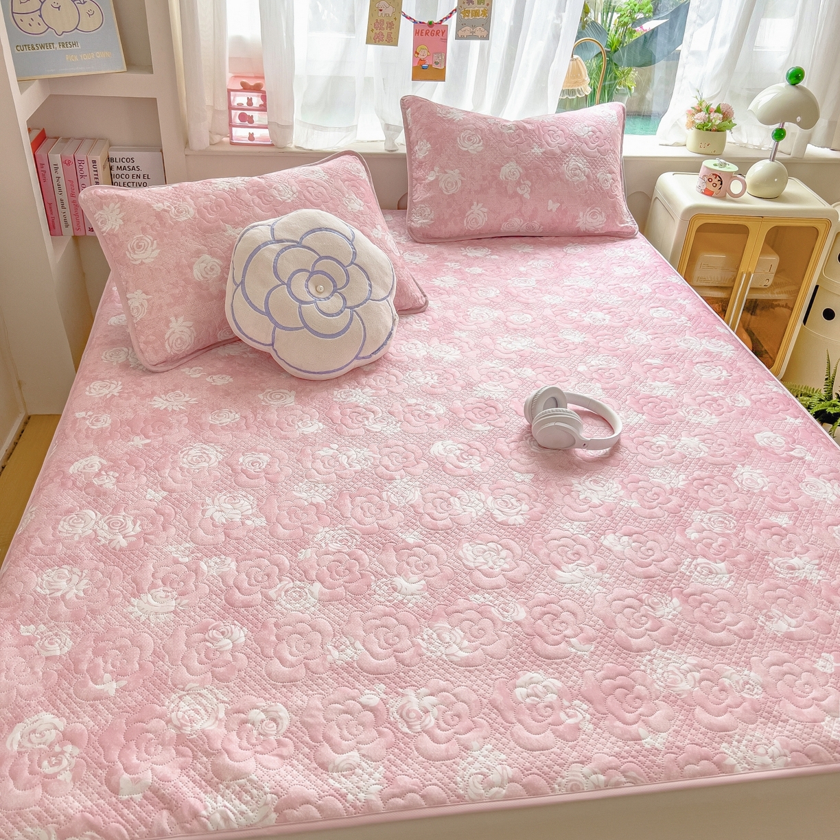 91家纺网 家纺一手货源 找家纺 许林家纺 2026新款花卉凉席床席三件套-花恋 花恋-粉