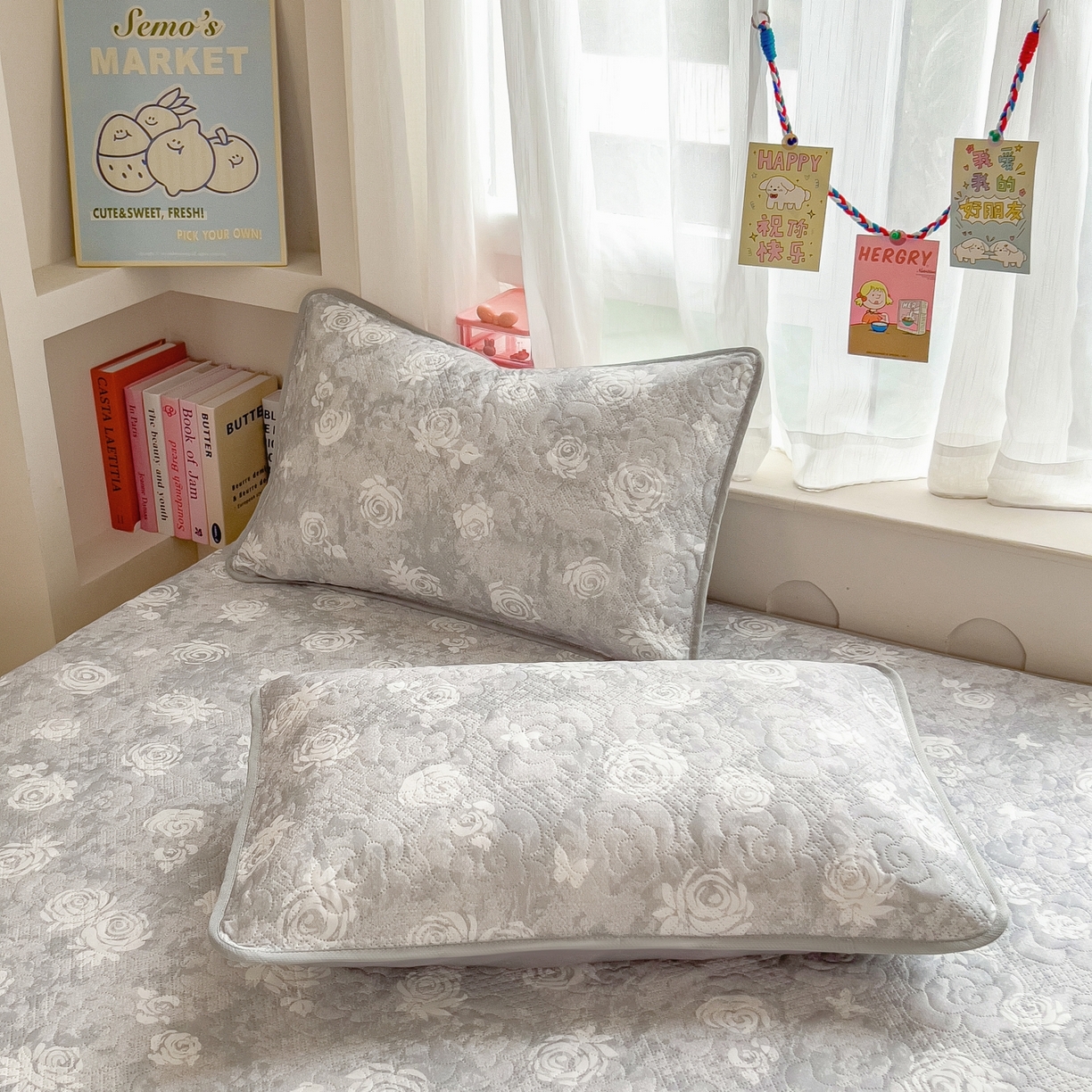 91家纺网 家纺一手货源 找家纺 许林家纺 2026新款花卉凉席床席三件套-花恋 花恋-灰