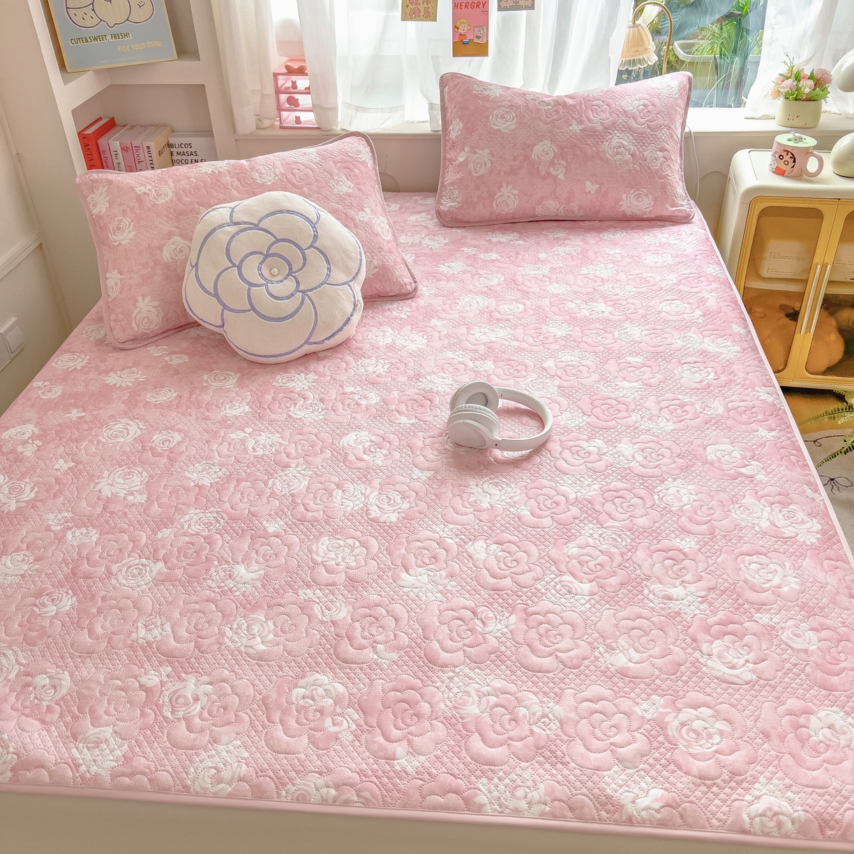 91家纺网 家纺一手货源 找家纺 许林家纺 2026新款花卉凉席床席三件套-花恋 花恋-粉