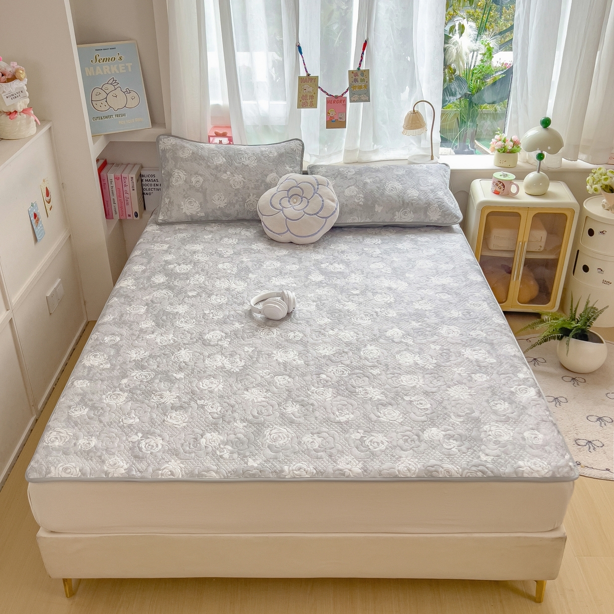 许林家纺 2026新款花卉凉席床席三件套-花恋 花恋-灰