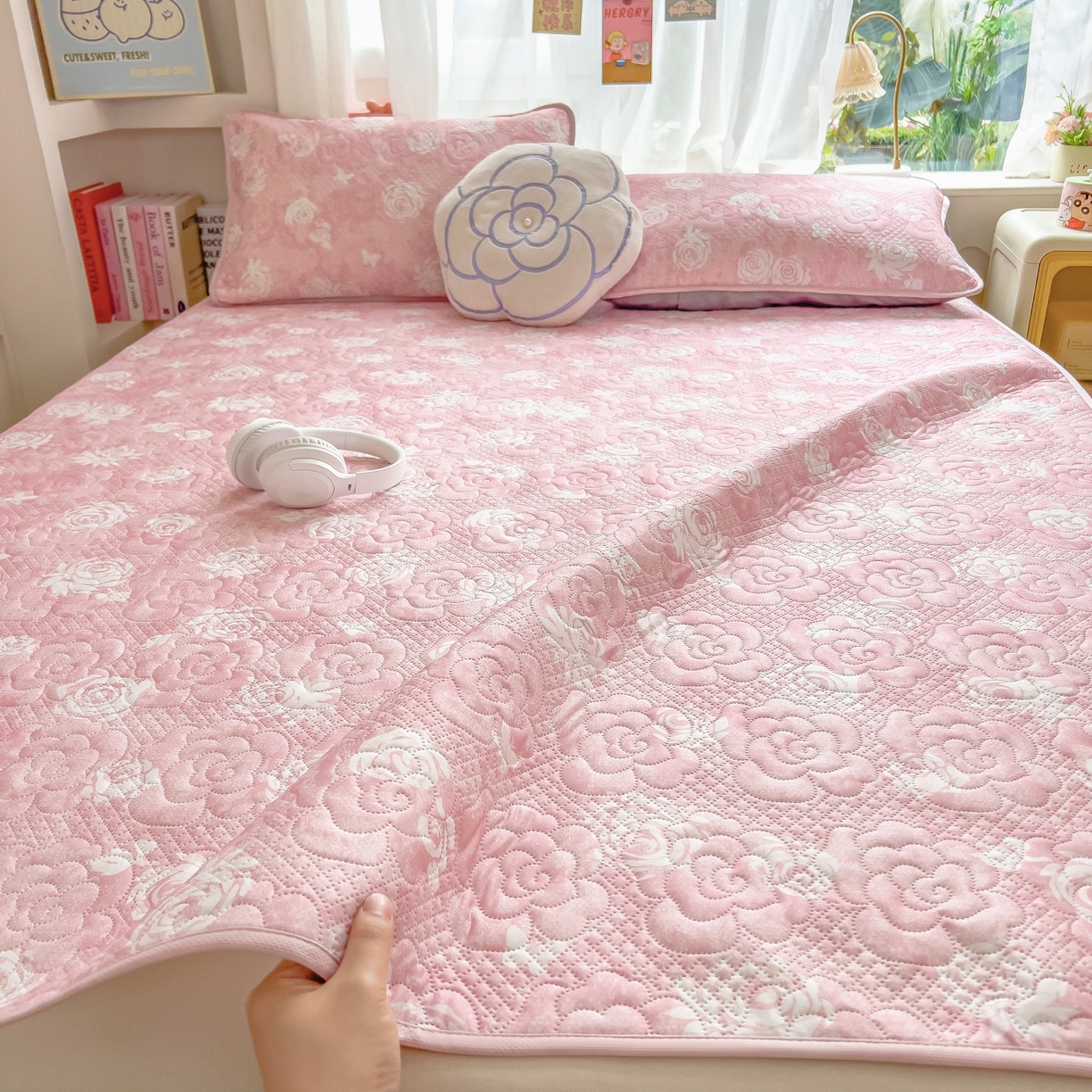 91家纺网 家纺一手货源 找家纺 许林家纺 2026新款花卉凉席床席三件套-花恋 花恋-粉