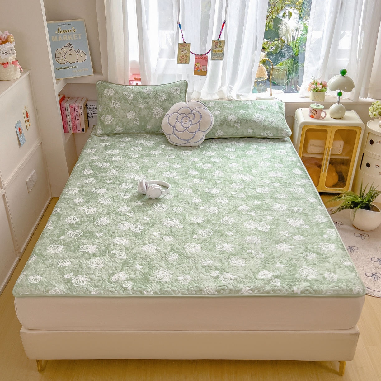 91家纺网 家纺一手货源 找家纺 许林家纺 2026新款花卉凉席床席三件套-花恋 花恋-绿