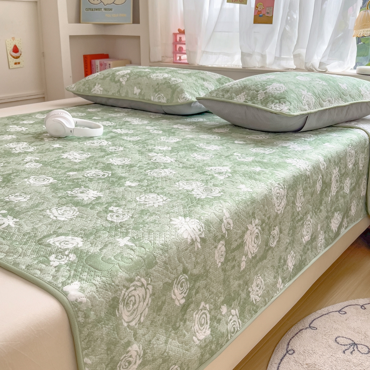 91家纺网 家纺一手货源 找家纺 许林家纺 2026新款花卉凉席床席三件套-花恋 花恋-绿