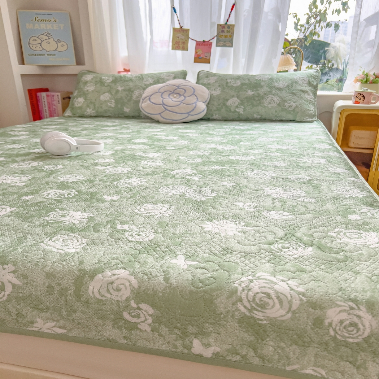 91家纺网 家纺一手货源 找家纺 许林家纺 2026新款花卉凉席床席三件套-花恋 花恋-绿