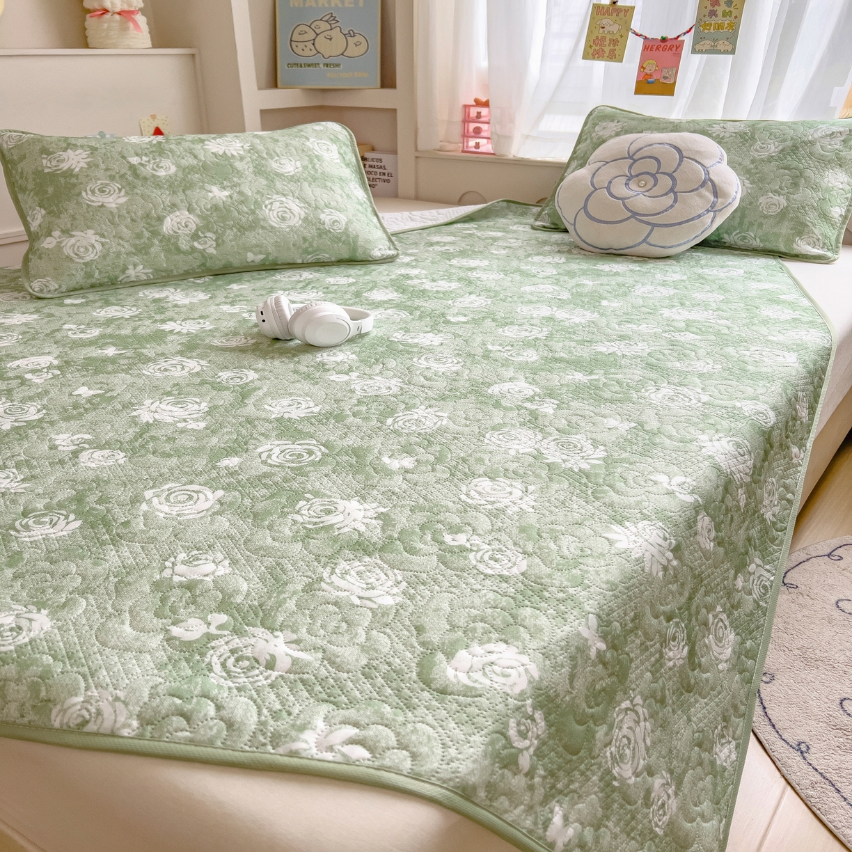 91家纺网 家纺一手货源 找家纺 许林家纺 2026新款花卉凉席床席三件套-花恋 花恋-绿