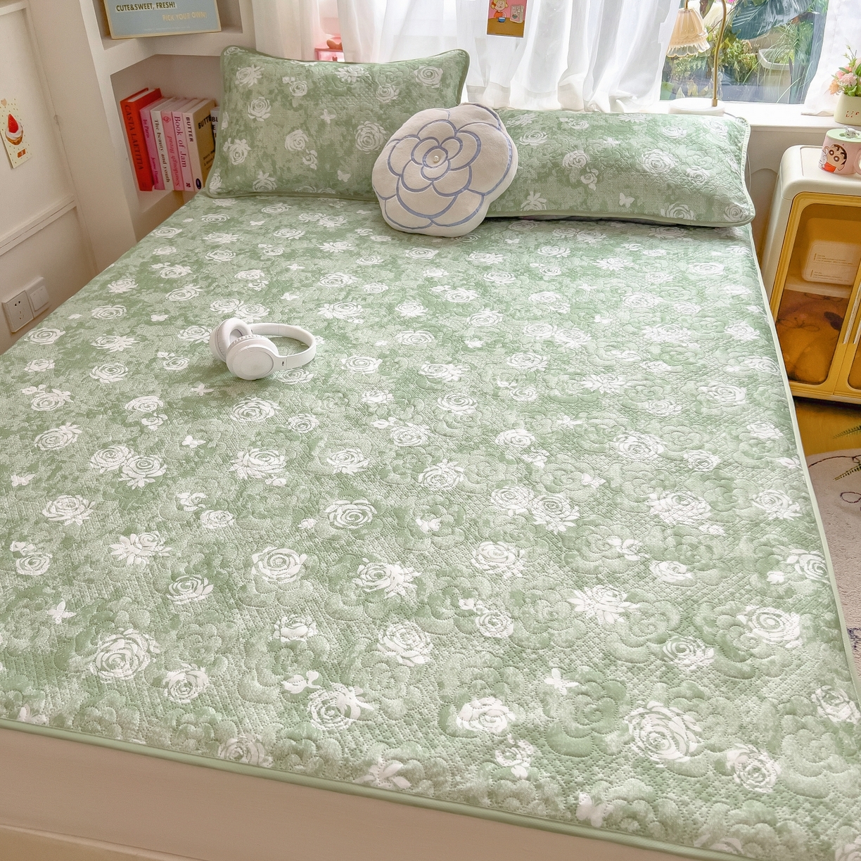 91家纺网 家纺一手货源 找家纺 许林家纺 2026新款花卉凉席床席三件套-花恋 花恋-绿