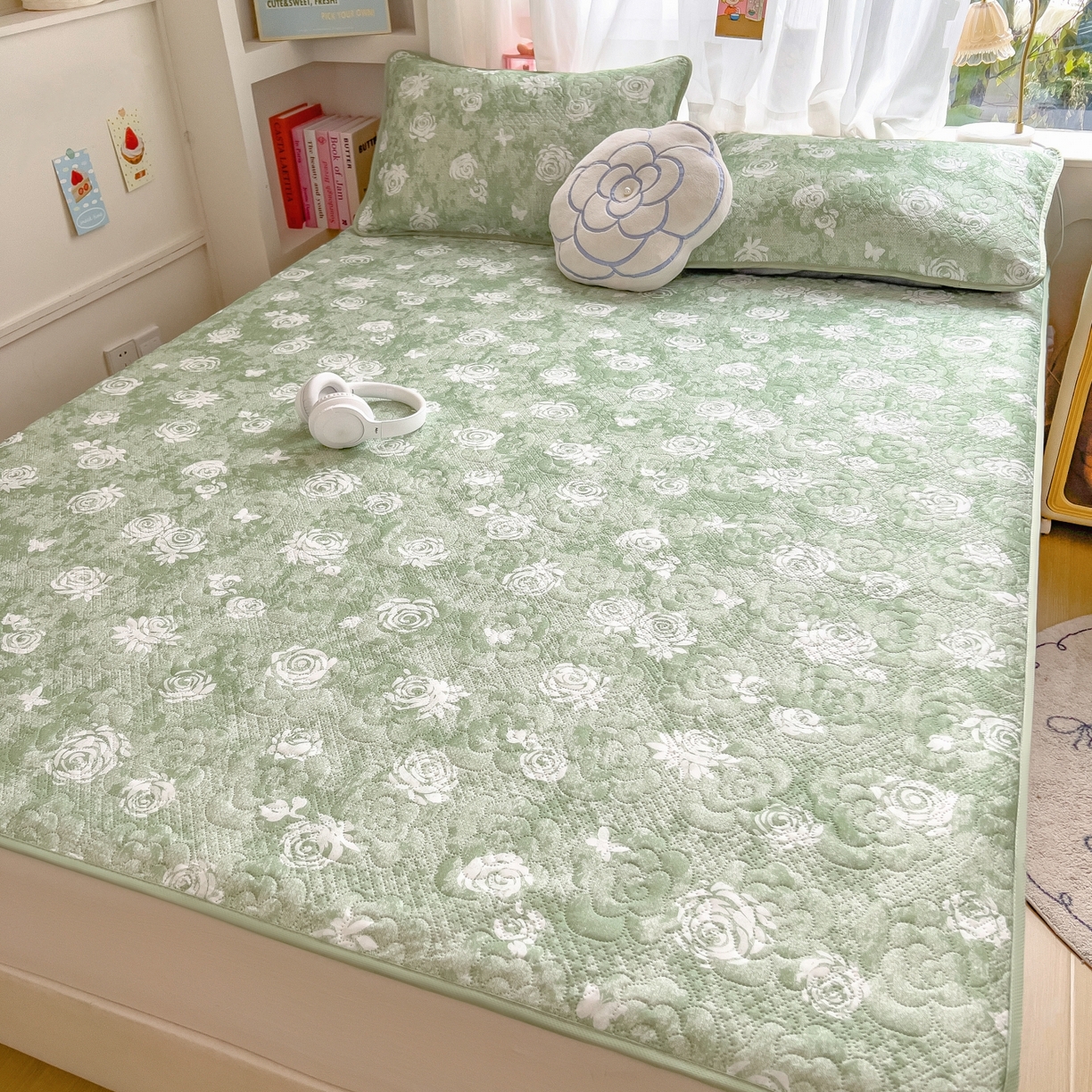 91家纺网 家纺一手货源 找家纺 许林家纺 2026新款花卉凉席床席三件套-花恋 花恋-绿