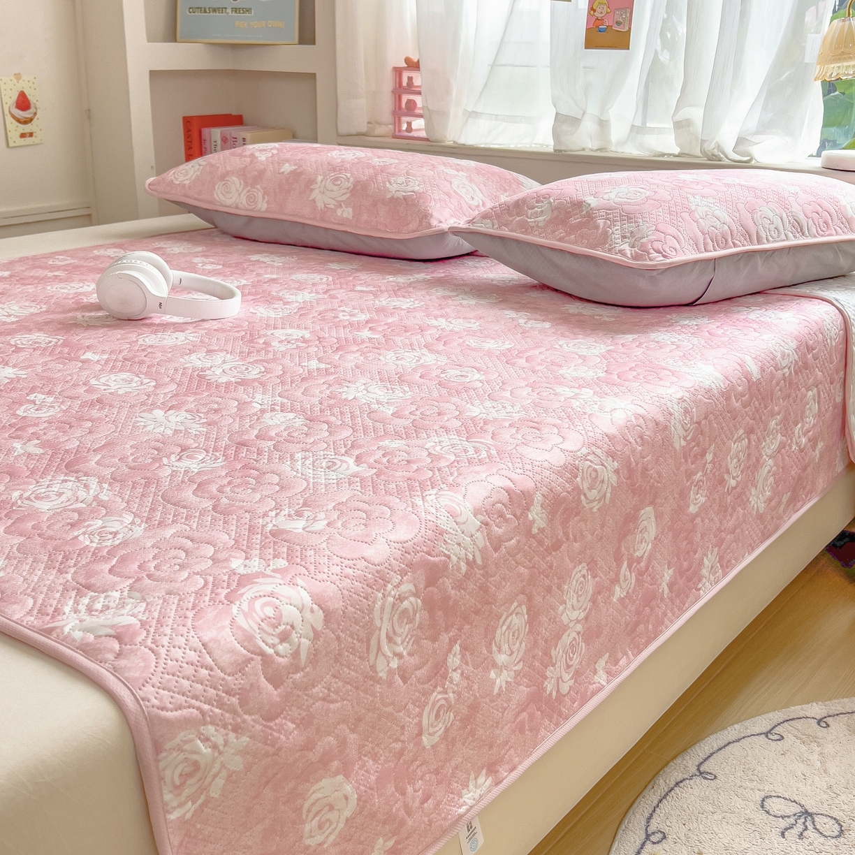 91家纺网 家纺一手货源 找家纺 许林家纺 2026新款花卉凉席床席三件套-花恋 花恋-粉