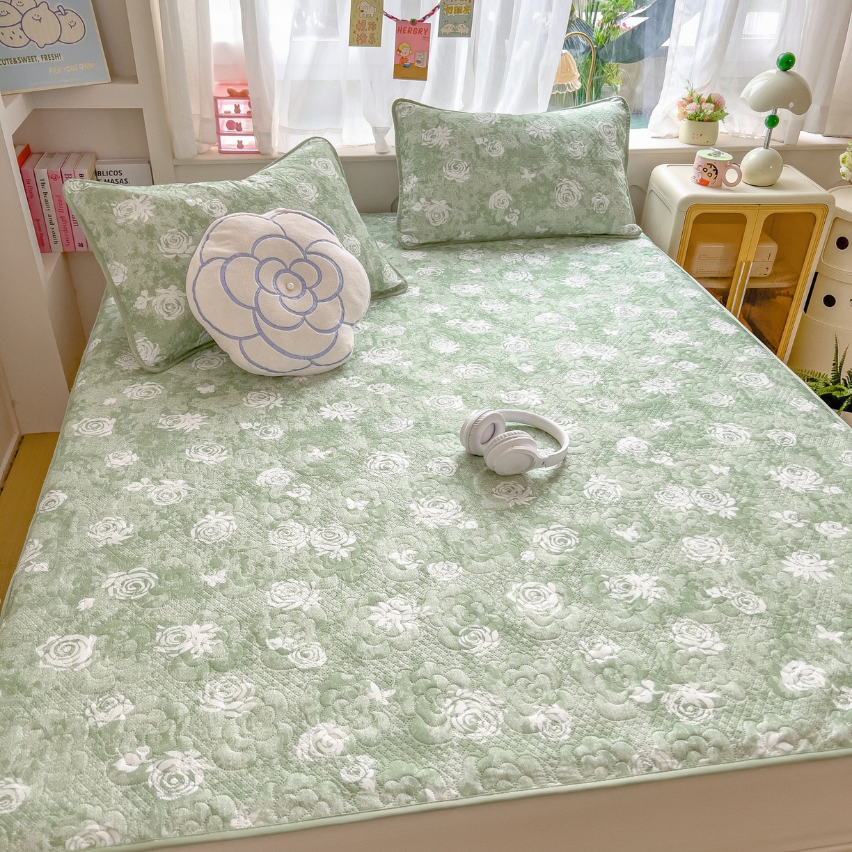 91家纺网 家纺一手货源 找家纺 许林家纺 2026新款花卉凉席床席三件套-花恋 花恋-绿