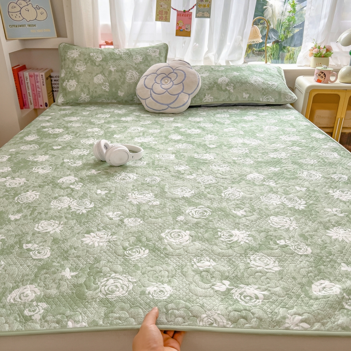 91家纺网 家纺一手货源 找家纺 许林家纺 2026新款花卉凉席床席三件套-花恋 花恋-绿