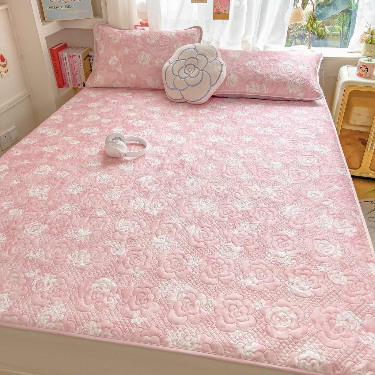 91家纺网 家纺一手货源 找家纺 许林家纺 2026新款花卉凉席床席三件套-花恋 花恋-粉