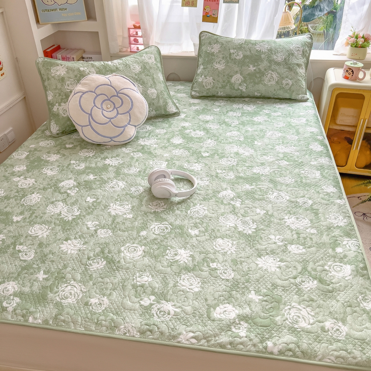 91家纺网 家纺一手货源 找家纺 许林家纺 2026新款花卉凉席床席三件套-花恋 花恋-绿