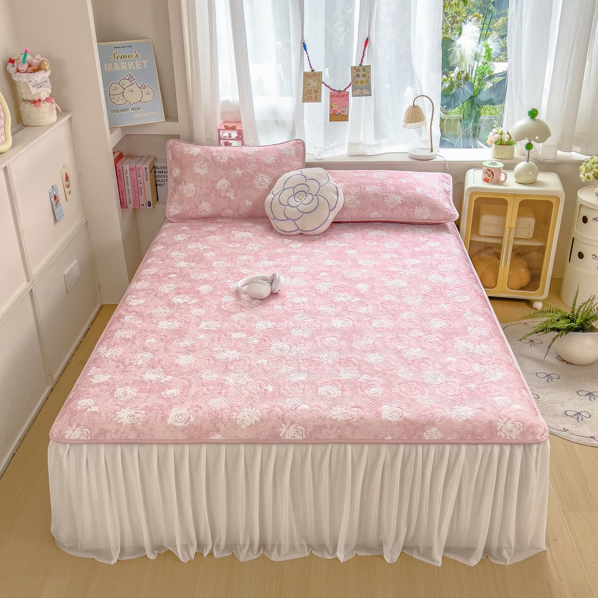 许林家纺 2026新款花卉凉席床裙三件套-花语 花语-粉