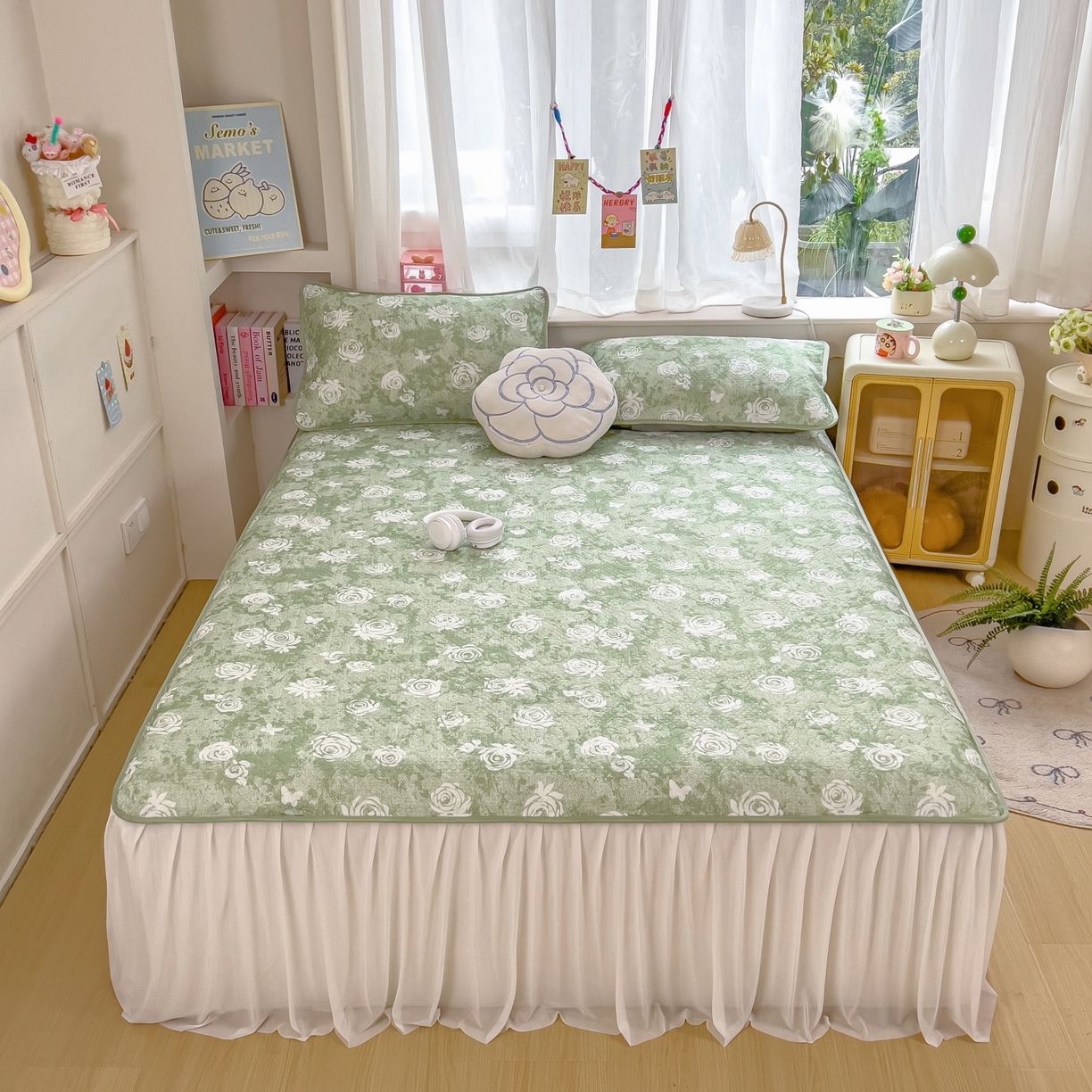 许林家纺 2026新款花卉凉席床裙三件套-花语 花语-绿