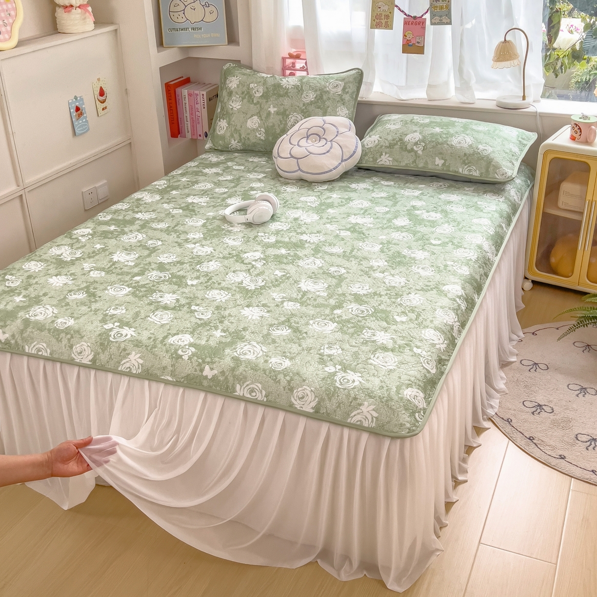 91家纺网 家纺一手货源 找家纺 许林家纺 2026新款花卉凉席床裙三件套-花语 花语-绿