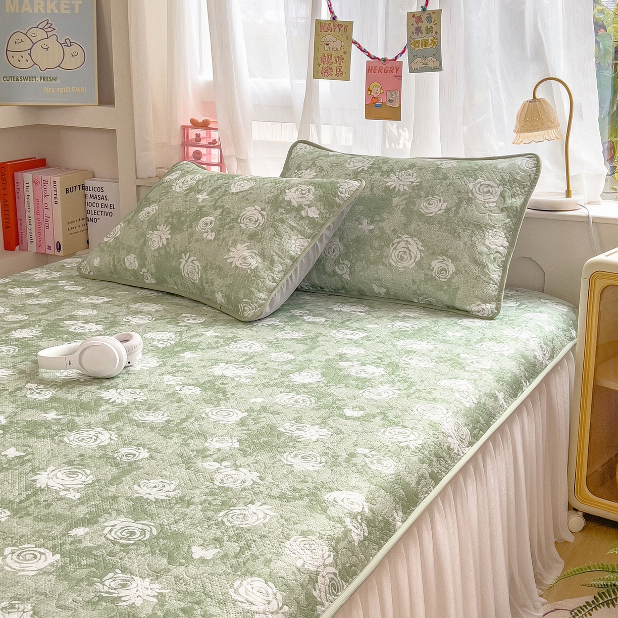 91家纺网 家纺一手货源 找家纺 许林家纺 2026新款花卉凉席床裙三件套-花语 花语-绿