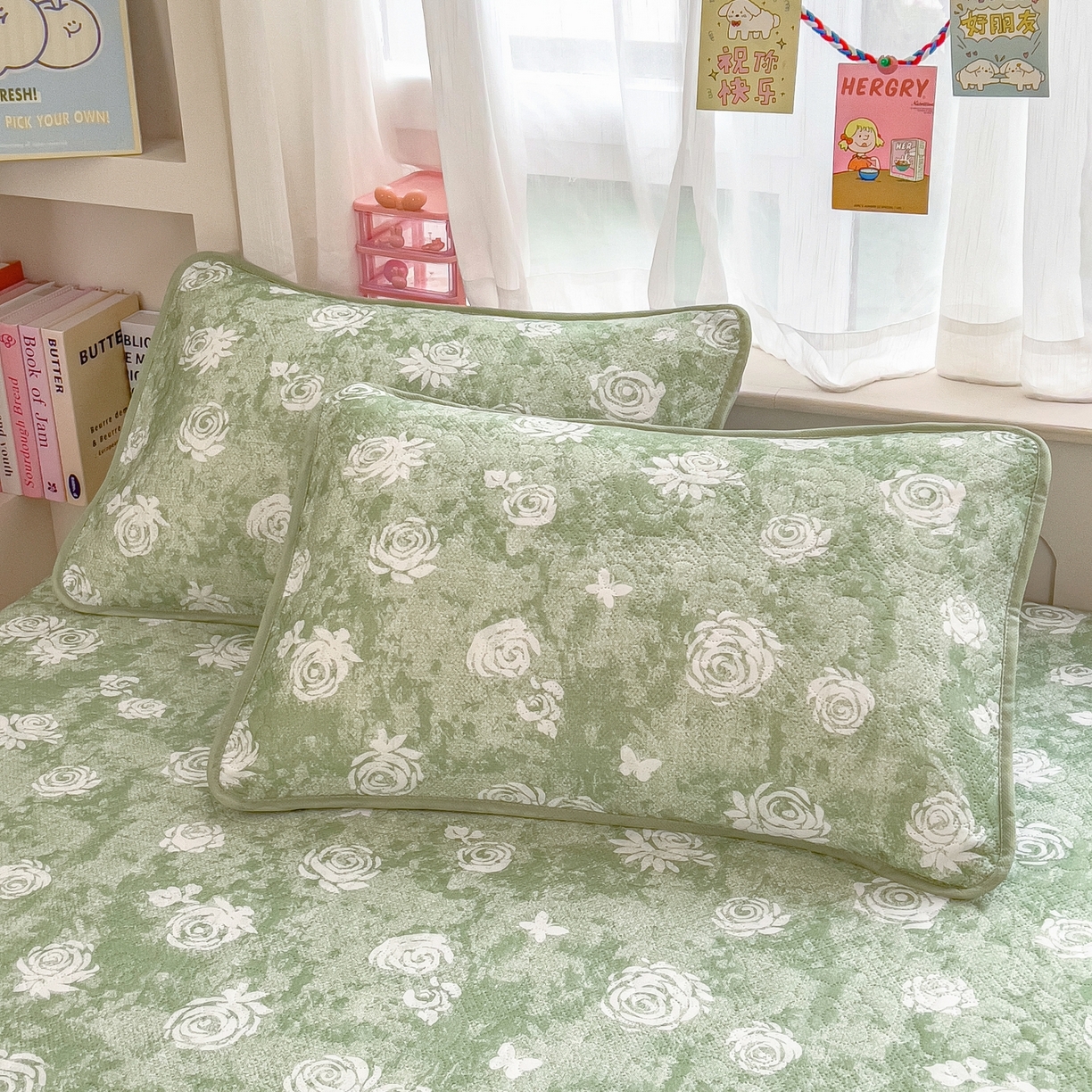 91家纺网 家纺一手货源 找家纺 许林家纺 2026新款花卉凉席床裙三件套-花语 花语-绿