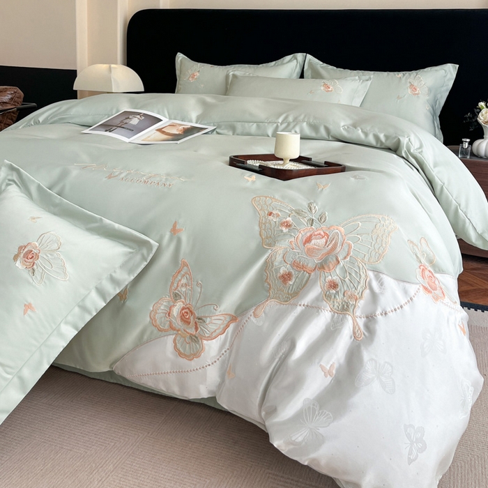 91家纺网 家纺一手货源 找家纺 （总）金牛座家纺 2026新款细斜纹亮丝提花贴布绣重工刺绣四件套-潘妮系列