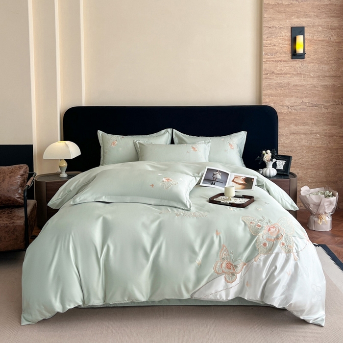 91家纺网 家纺一手货源 找家纺 金牛座家纺 2026新款细斜纹亮丝提花贴布绣重工刺绣四件套-潘妮系列 潘妮-薄荷绿