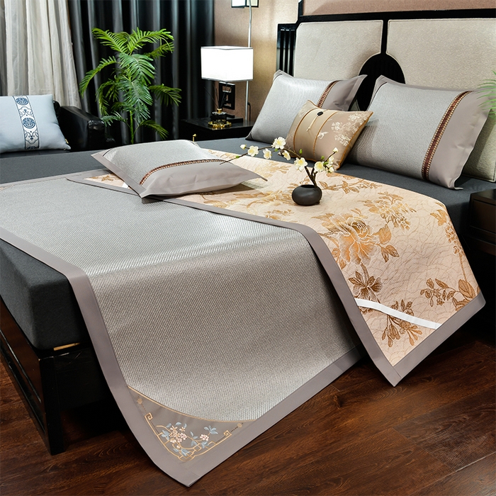 91家纺网 家纺一手货源 找家纺 小牛席业 2026新款对角绣冰藤双面席凉席席子 对角绣花-冰藤双面席银灰