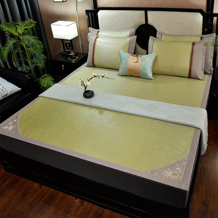 91家纺网 家纺一手货源 找家纺 小牛席业 2026新款对角绣冰藤双面席凉席席子 对角绣花-冰藤双面席青柠