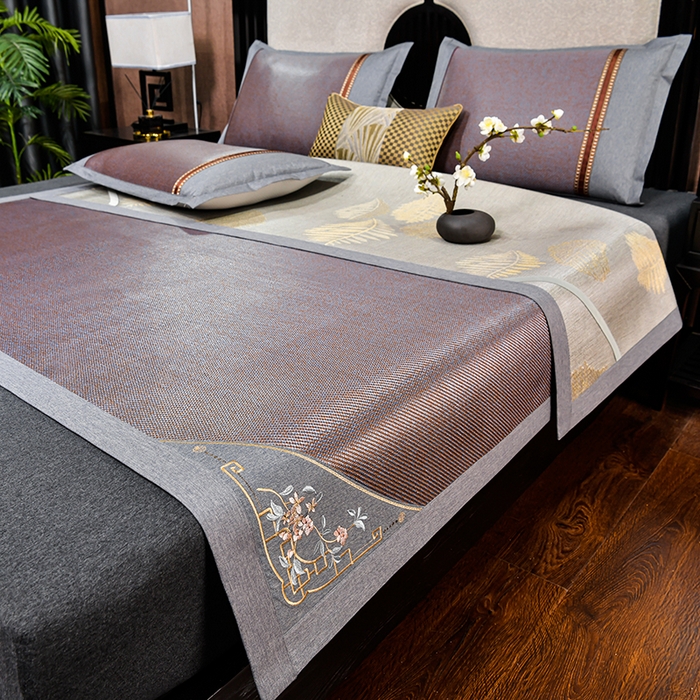 91家纺网 家纺一手货源 找家纺 小牛席业 2026新款对角绣冰藤双面席凉席席子 对角绣花-渐变冰藤咖色