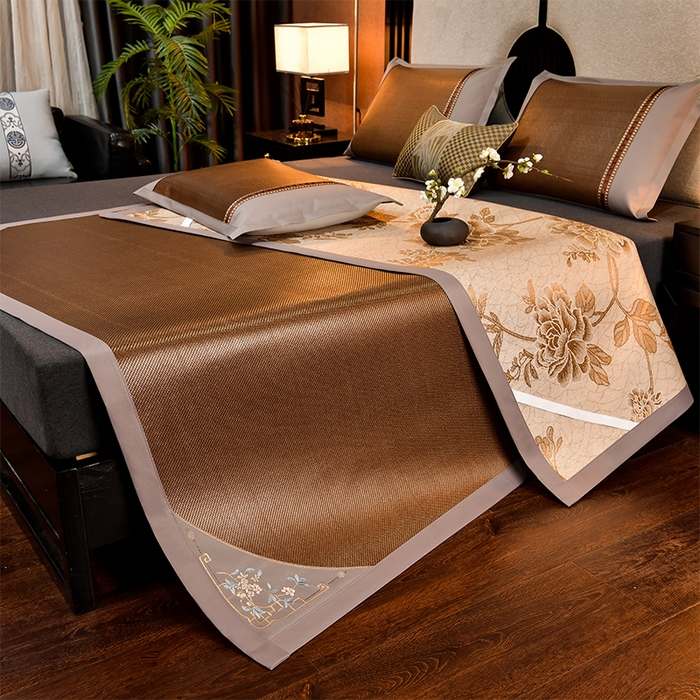 91家纺网 家纺一手货源 找家纺 小牛席业 2026新款对角绣冰藤双面席凉席席子 对角绣花-冰藤双面席黑咖