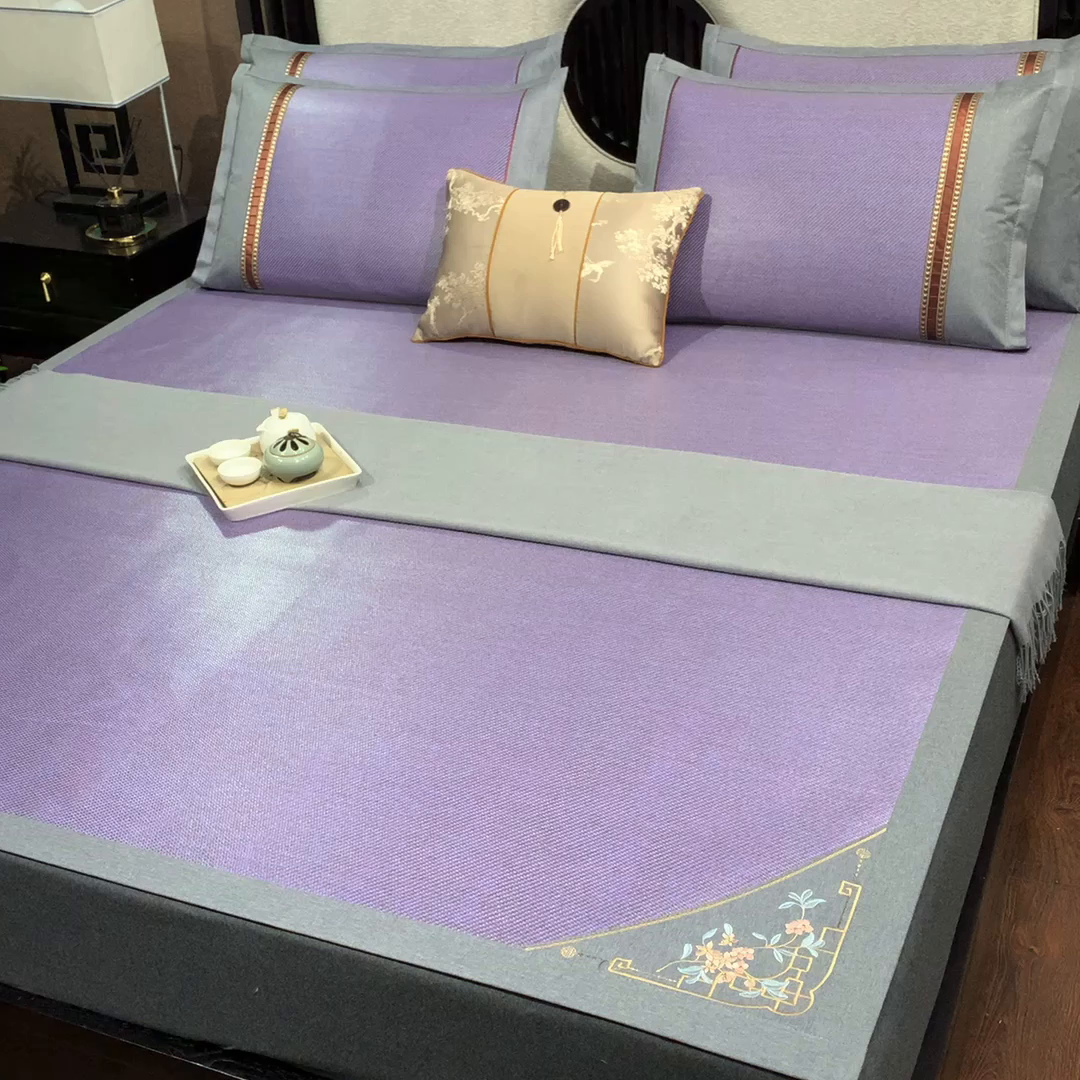 91家纺网 家纺一手货源 找家纺 小牛席业 2026新款对角绣冰藤双面席凉席席子 对角绣花-渐变冰藤紫色