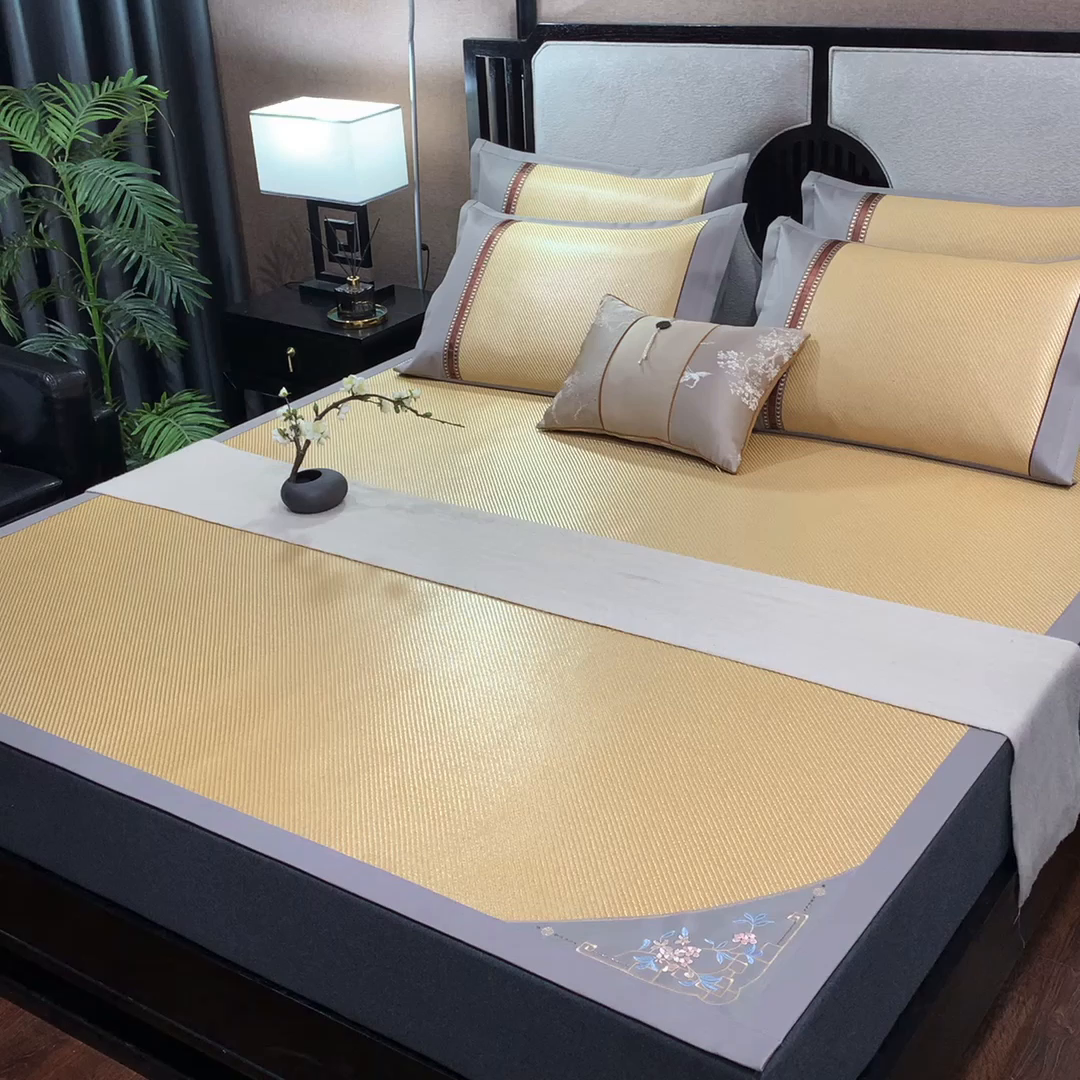 91家纺网 家纺一手货源 找家纺 小牛席业 2026新款对角绣冰藤双面席凉席席子 对角绣花-冰藤双面席浅咖