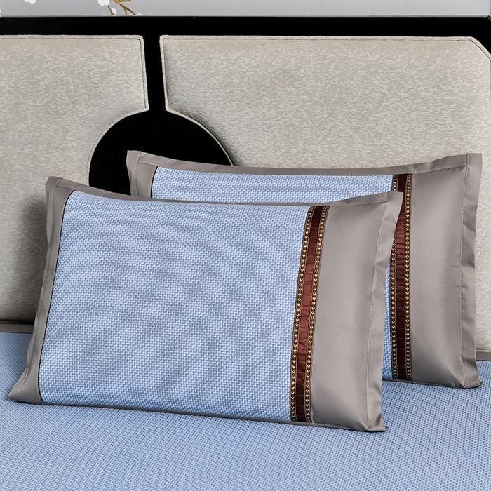 91家纺网 家纺一手货源 找家纺 小牛席业 2026新款加厚古藤席经典皮革标凉席席子 加厚古藤席-经典皮革标（浅蓝）