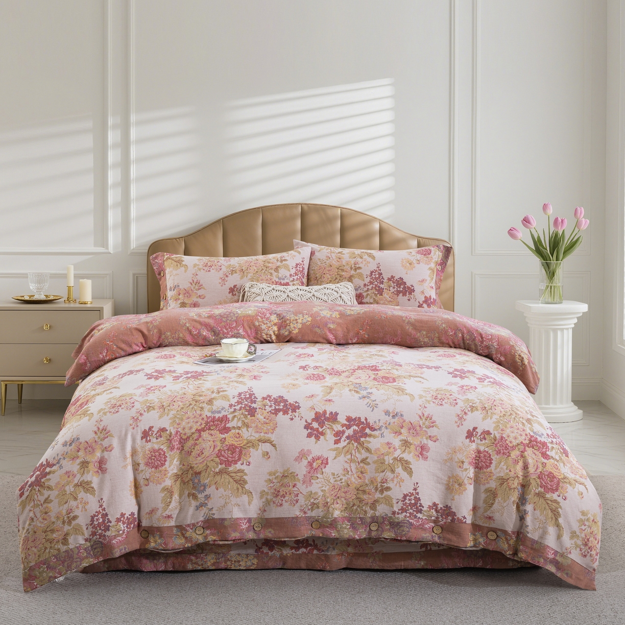 双层纱家居 2026新款小清新双层纱四件套 粉花