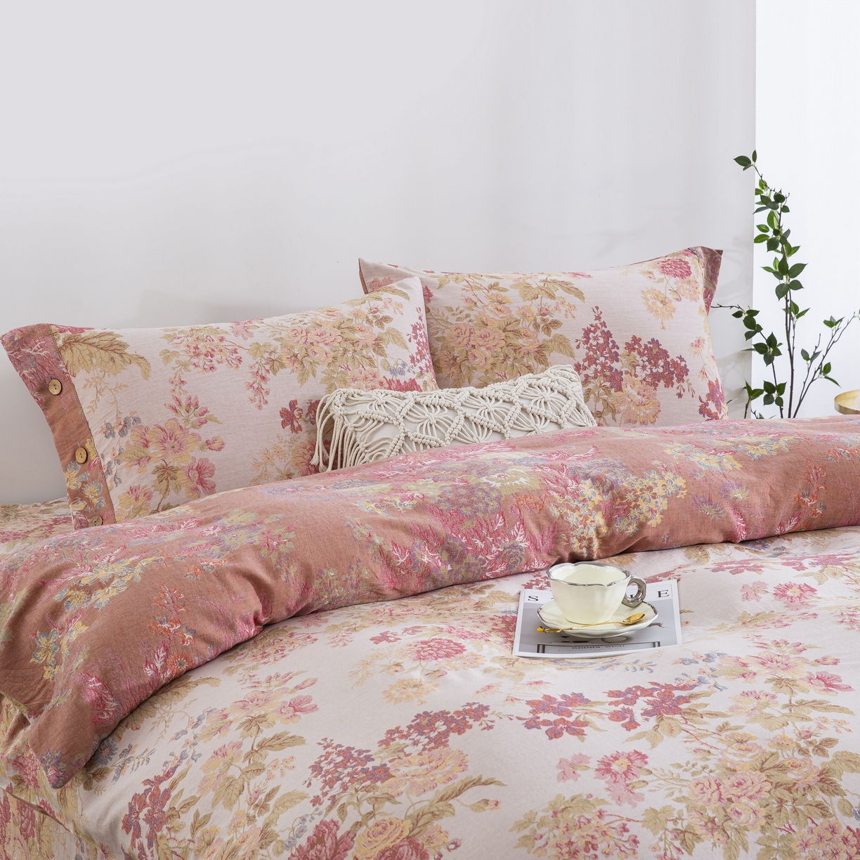 91家纺网 家纺一手货源 找家纺 双层纱家居 2026新款小清新双层纱四件套 粉花