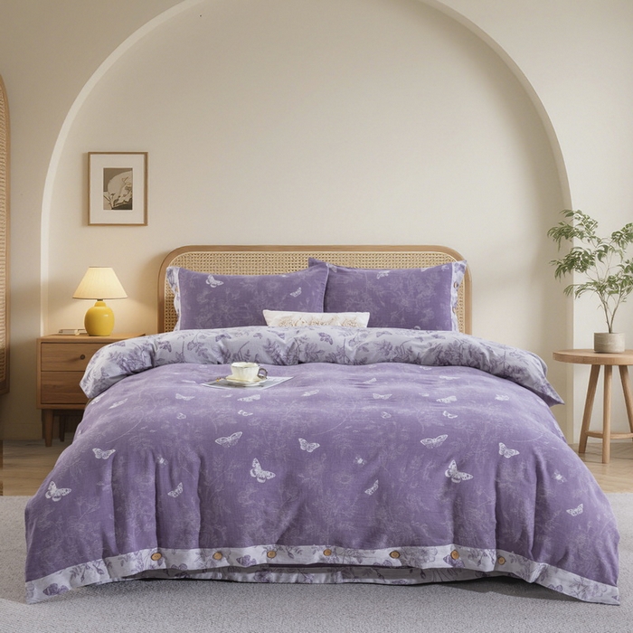 双层纱家居 2026新款小清新双层纱四件套 梦蝶紫