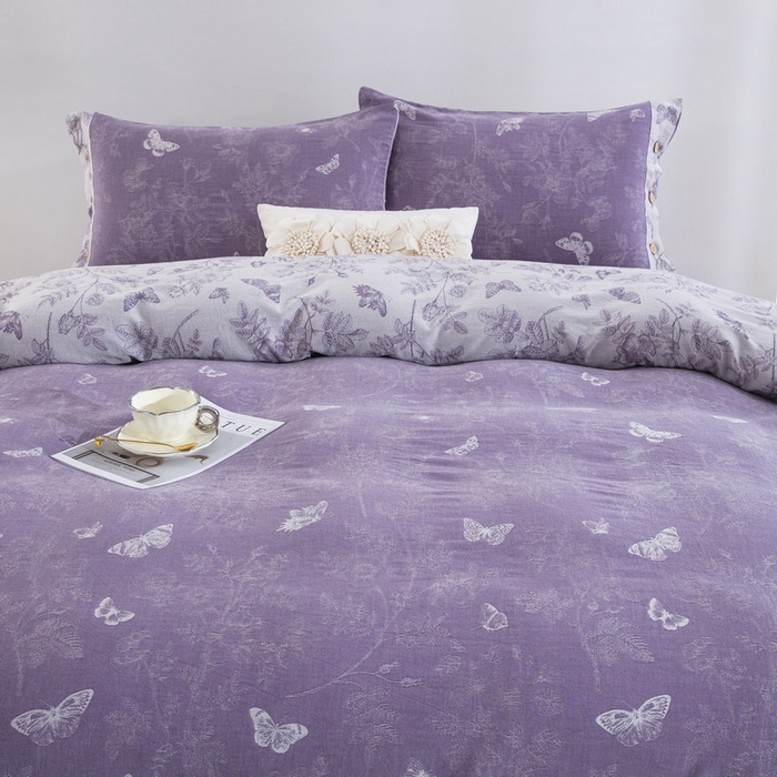 91家纺网 家纺一手货源 找家纺 双层纱家居 2026新款小清新双层纱四件套 梦蝶紫