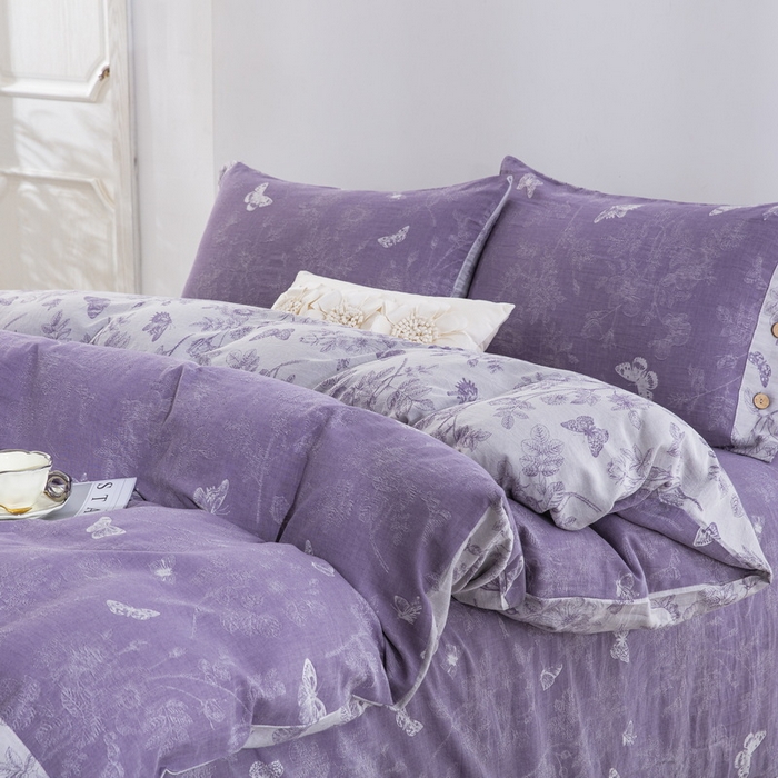 91家纺网 家纺一手货源 找家纺 双层纱家居 2026新款小清新双层纱四件套 梦蝶紫