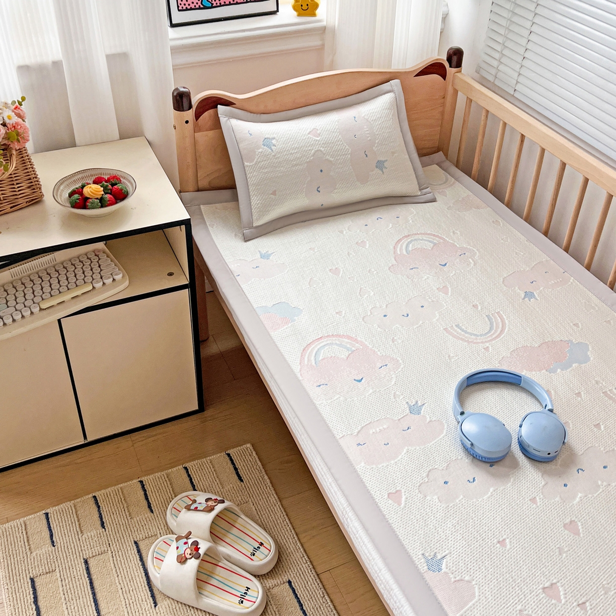 91家纺网 家纺一手货源 找家纺 富馨莱 2026年新款儿童幼儿园豆豆席凉席席子支持一件定制 爱心彩虹