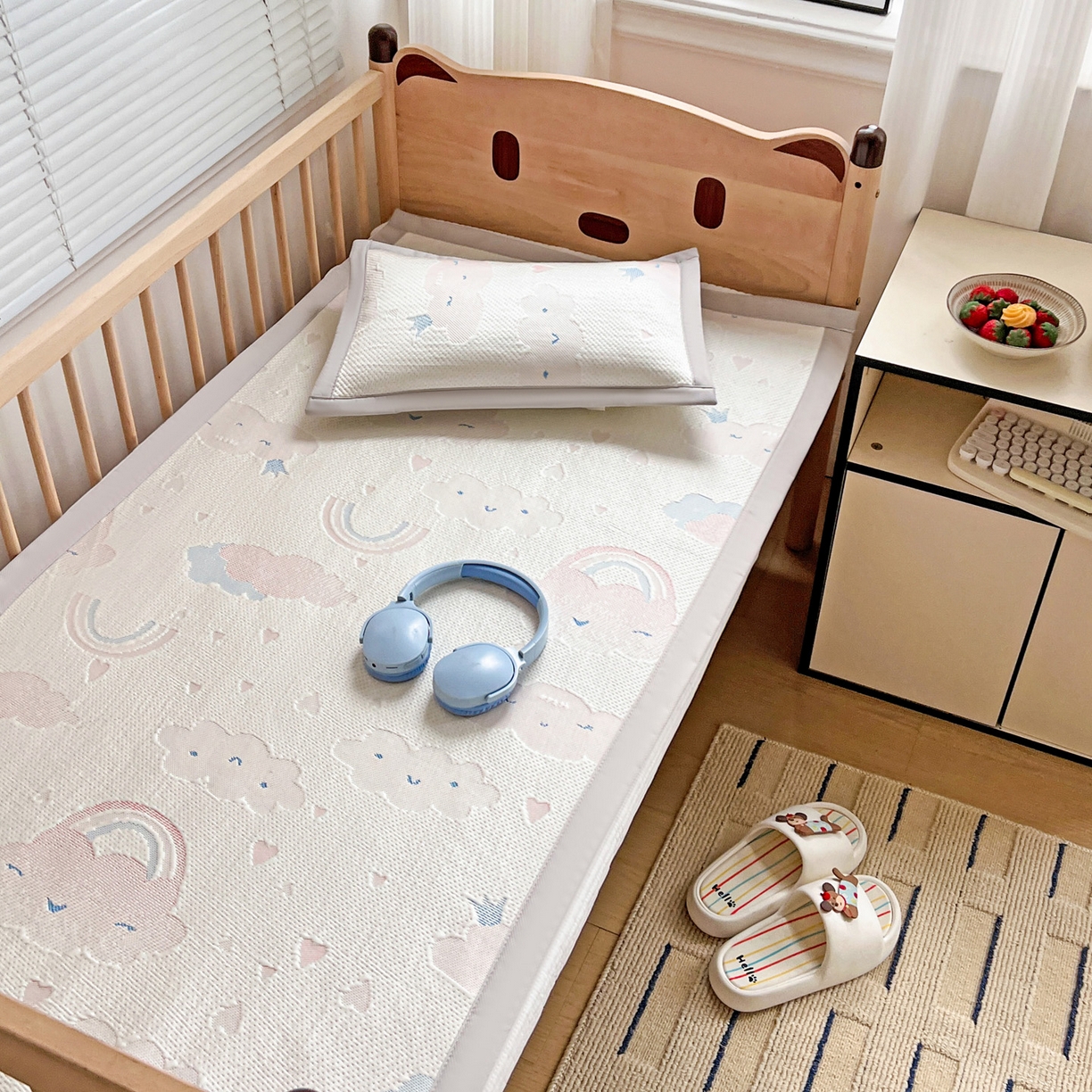 91家纺网 家纺一手货源 找家纺 富馨莱 2026年新款儿童幼儿园豆豆席凉席席子支持一件定制 爱心彩虹