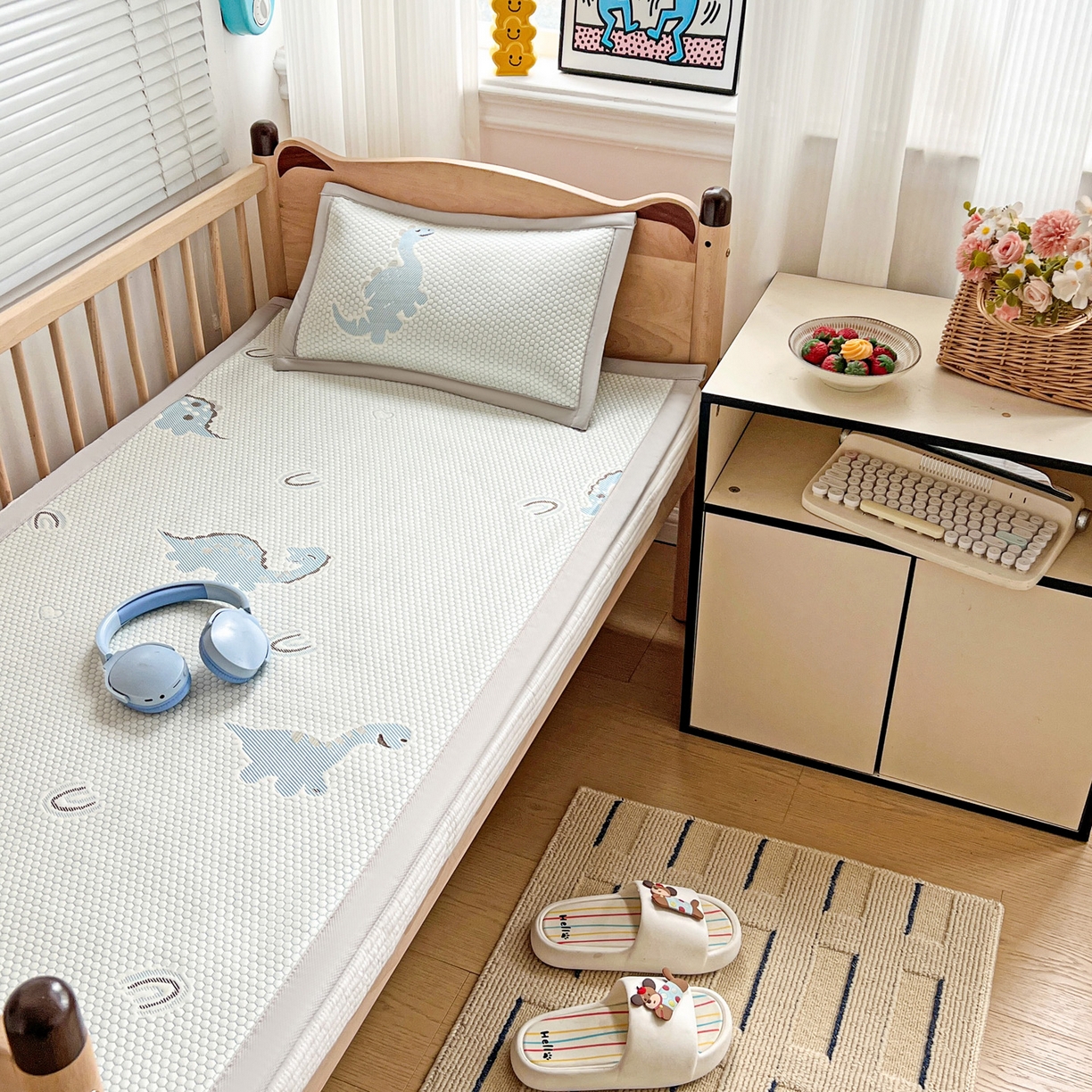 91家纺网 家纺一手货源 找家纺 富馨莱 2026年新款儿童幼儿园豆豆席凉席席子支持一件定制 小恐龙