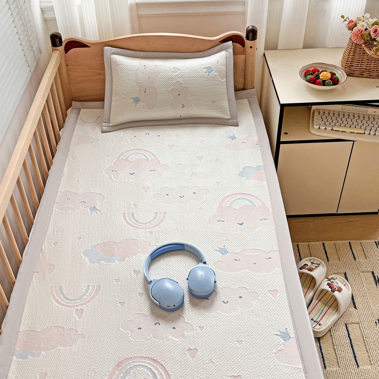 91家纺网 家纺一手货源 找家纺 富馨莱 2026年新款儿童幼儿园豆豆席凉席席子支持一件定制 爱心彩虹