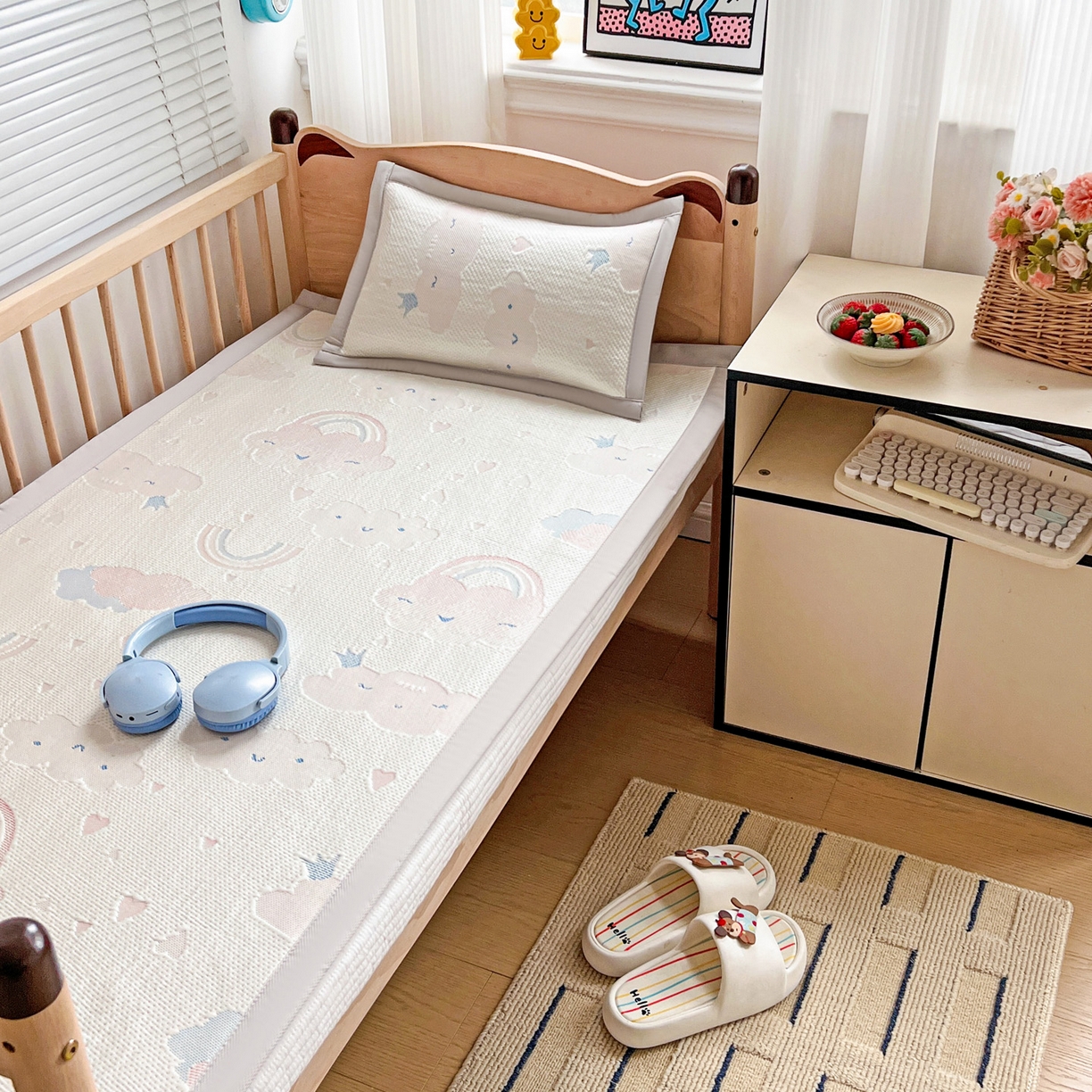 91家纺网 家纺一手货源 找家纺 富馨莱 2026年新款儿童幼儿园豆豆席凉席席子支持一件定制 爱心彩虹